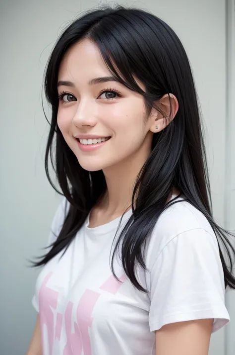 profile picture of white girl with black hair. She has a cheerful expression with a gentle smile. The background is a soft, pastel color. The girl is wearing a simple t-shirt. The style is clean and modern. The girl is looking forward. The girl is a adult ...