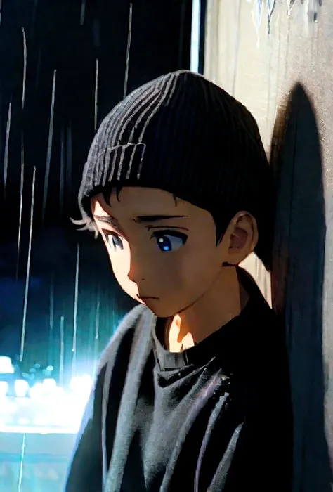 Anime photo with a thin black-haired boy leaning against the wall and looking at his body and face to the left, He has a black cap with a black sweatshirt and in the background there is a moon and it is night, the boy looks down sadly and it rains, 4k