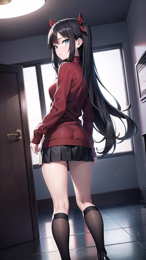 rintohsaka, rin tohsaka kyockcho, aqua eyes, (black hair:1.5), hair ribbon, long hair, ribbon, sidelocks, two side up, (parted bangs:1.5),
BREAK black skirt, long sleeves, miniskirt, pleated skirt, (red sweater:1.5), skirt, sweater, thighs, turtleneck,
BRE...