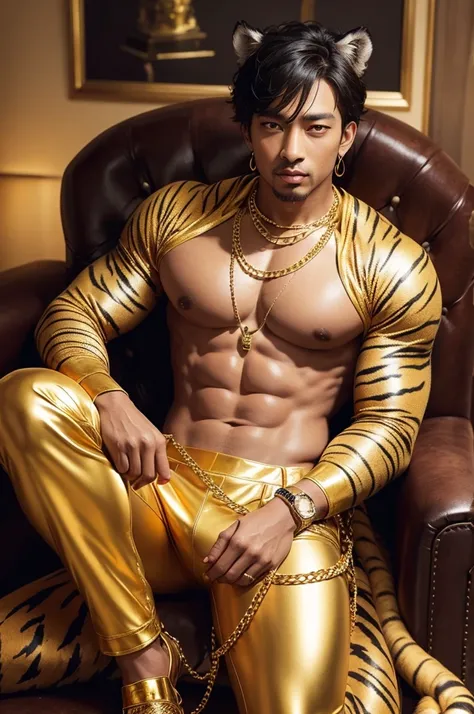 Tiger wearing thick gold chain, sitting in a king&#39;s armchair, beautiful women around you, ((High definition, 8k resolution, detaileds))