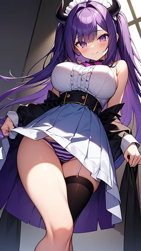 最high quality, high quality, 16K, Ultra-detailed details, pretty girl, alone, beautiful purple hair, Beautiful purple eyes, Big Breasts, A light smile, Summer clothes, Summer Maid clothes, Im lifting my skirt, Blue and white color striped underwear(Bikini ...