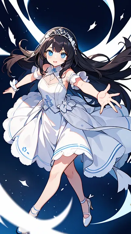 one girl,black long hair,blue eyes,white wedding dress,white shoes,reaching out