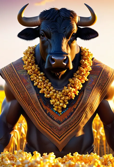 half man half  black bull, tribal, caramel corn fields, sunrise, 8k rendering, realistic lighting, rim light, hyper detailed, oc...