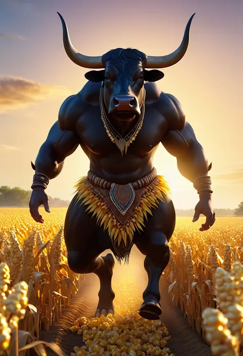 Half man half  black bull, tribal, caramel corn fields, sunrise, 8k rendering, realistic lighting, rim light, hyper detailed, octane render, cinematic, --ar 7:5