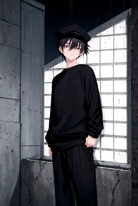 Anime photo with a thin black-haired boy leaning against the wall and looking at his body and face to the left, He has a black cap with a black sweatshirt and in the background there is a moon and it is night, the boy looks down sadly and it rains, 4k