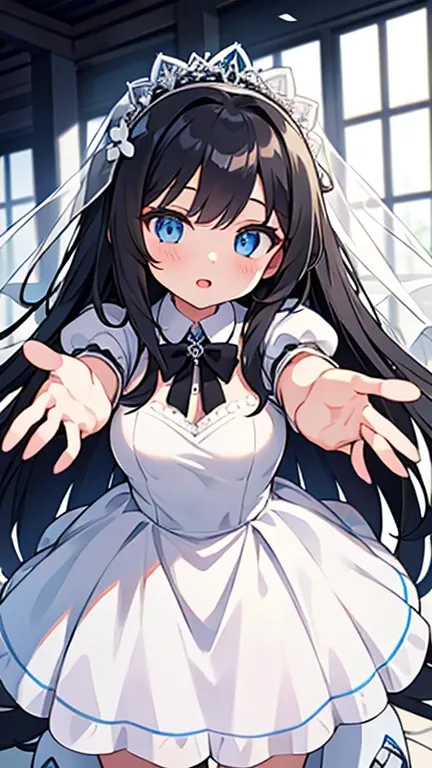 one girl,black long hair,blue eyes,white wedding dress,white shoes,reaching out