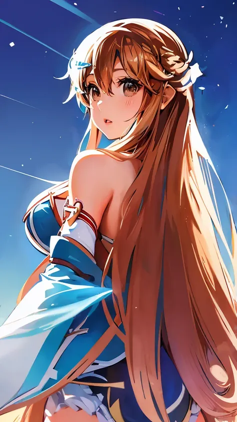 ((Highest quality、masterpiece、8K、Realistic、超High resolution、Very delicate and beautiful、High resolution、Cinema Lighting))、hourglass figure:1.6、At the sea in the moonlight、((Yuuki Asuna from SAO flipping her hair up:1.8)), ((look back:1.6)), She has long ha...