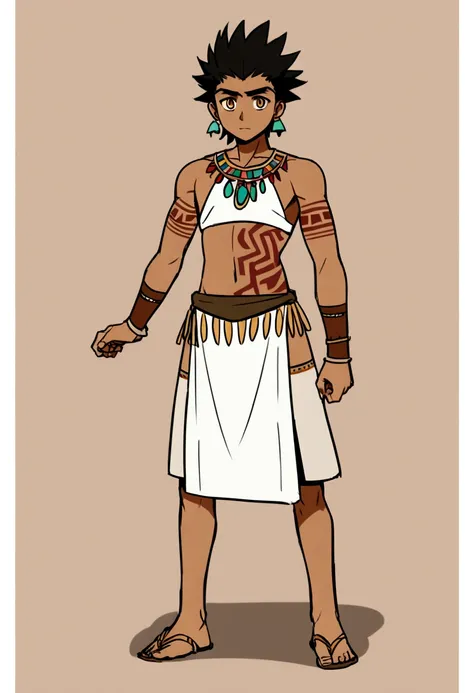 Highres, Stable Diffusion 3, 1boy, male, solo, 15 years old male, black hair, full body, standing,, dark-skinned_male, tribal warrior, long loincloth, tribal clothes, gambezon, mexican,  aztec, aztec clothing, aztec tatoo, black hair, golden eyes, anime ts...