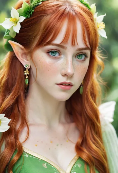 (watercolor: 1.2), Elf Princess, flower, freckles, bangs, Redhead, Long Hair, Green Eyes, Hair between the eyes, flower earrings, Blurred Background, High resolution  