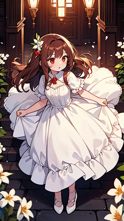 one girl,brown long hair,red eyes,white wedding dress,white shoes,with both hands on the chest