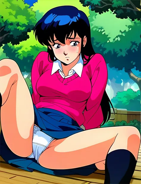 Kyoko,score_9,score_8_superior,score_7_superior,sauce_anime,One girl,alone,View your viewers,soaked,downpour,in the forest,Pink Sweater,White collared shirt,length_skirt,blue skirt,Spread your legs,Dew panties,Lying down,Sad face,:d,arms_behind_return,