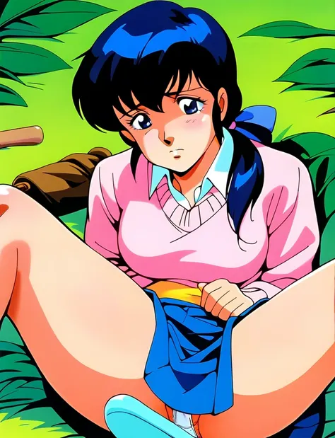 Kyoko,score_9,score_8_superior,score_7_superior,sauce_anime,One girl,alone,View your viewers,soaked,downpour,in the forest,Pink Sweater,White collared shirt,length_skirt,blue skirt,Spread your legs,Dew panties,Lying down,Sad face,:d,arms_behind_return,