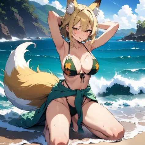 (masterpiece,best quality,very aesthetic,ultra-detailed),(illustration,official art),nsfw,solo,BREAK,1girl,30yo,curvy,large breasts,tall,stout build,bewitching,(blonde fox ears),(a fox tail),(blonde hair,short hair,messy hair),disheveled hair,(brown foxy e...