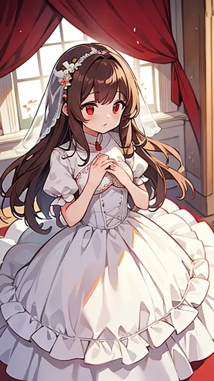 one girl,brown long hair,red eyes,white wedding dress,white shoes,with both hands on the chest