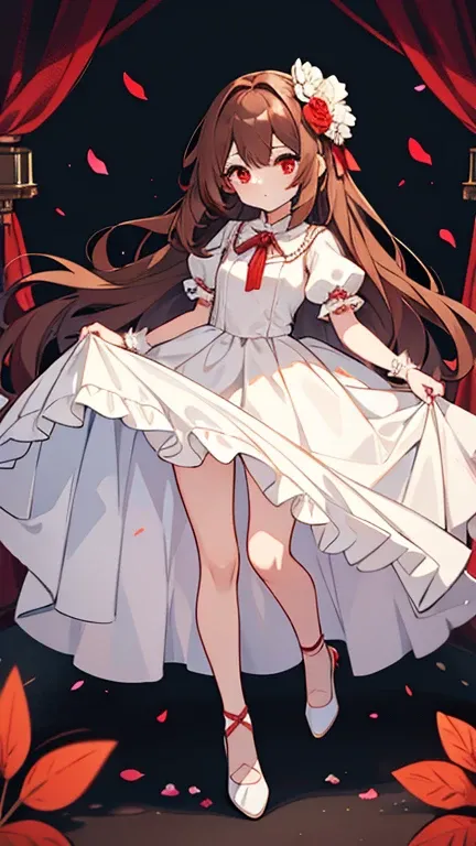 one girl,brown long hair,red eyes,white wedding dress,white shoes,with both hands on the chest