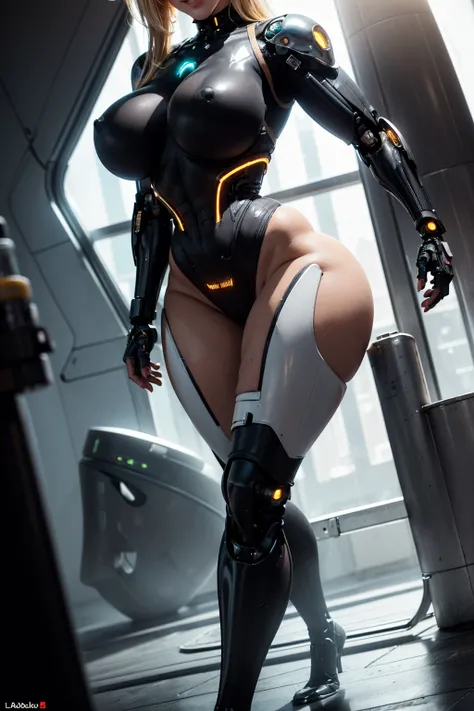 (Muscular:1.8), (thick thighs:1.8), (large round breasts:1.6), FEMALE, blonde hair, long blonde hair, (big smile:1.2), (wearing tight futuristic black cyborg bodysuit:1.5), looking at viewer, (three quarter view:1.3), upper body view, (lab:1.5), (dark ligh...