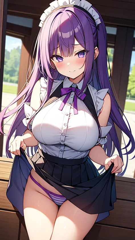 最high quality, high quality, 16K, Ultra-detailed details, pretty girl, alone, beautiful purple hair, Beautiful purple eyes, Big Breasts, A light smile, Summer clothes, Summer Maid clothes, Im lifting my skirt, Blue and white color striped underwear(Bikini ...