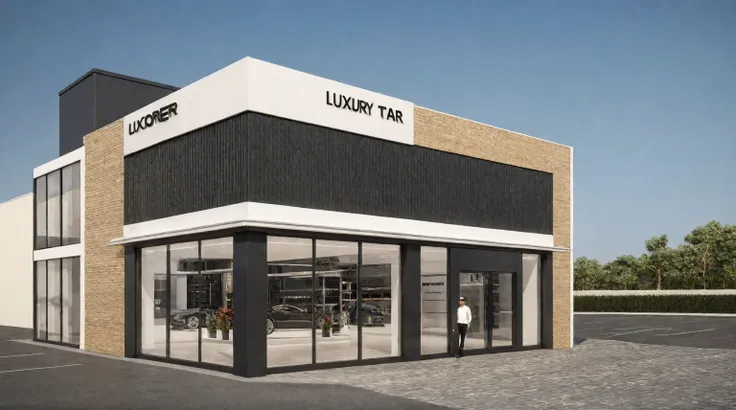 (exterior scene, auto showroom), a rendering of a building with a sign on the front of it, luxury, luxury hd render, luxury brand, luxury advertisement, artists impression, luxcorerender, concept, wide angle exterior 2022, artist impression, luxury materia...