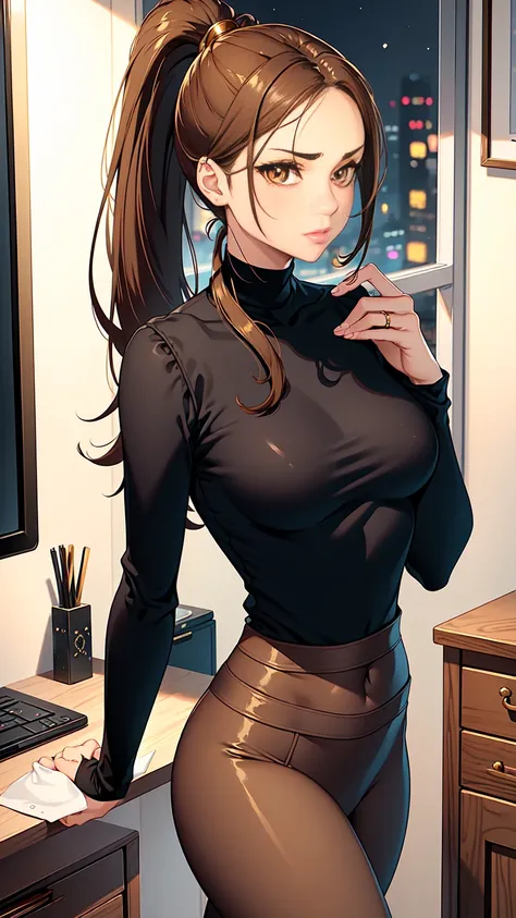 Beautiful woman with mid straight ponytail brown hair with brown eyes wearing Black Tight Leggings, Sexy Mock Neck Mid Sleeves Orange Blouse,18k gold wedding ring on left hand, standing with cross-legged in her office room at night, (caucasian skin), (ligh...