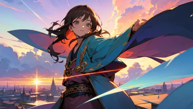 Anime Style,Nostalgic,Detailed background,Magical World,A lively bar with lots of people,Beautiful sky,Bard&#39;s Smiling Beauty Elf,guitar,Large Breasts,Healthy thighs