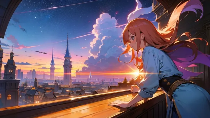 Anime Style,Nostalgic,Detailed background,Magical World,A lively bar with lots of people,Beautiful sky,Bard&#39;s Smiling Beauty Elf,guitar,Large Breasts,Healthy thighs