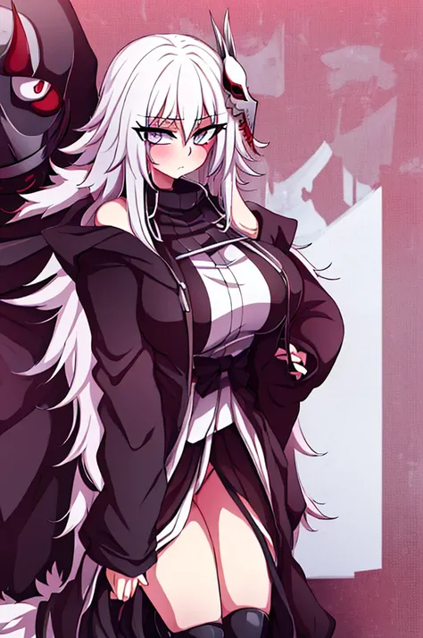 anime girl, bleach anime, soul reaper, sword, zanpakuto, vastolorde mask, fractured mask, hot, sexy, cute, black eyes, tall, full body, masterpiece, looking at the viewer, black fur on shoulders, coat, hollow shinigami, 