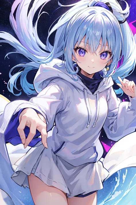 Light blue hair、Purple Eyes、High ponytail、cute、smile、Shaggy hoodie、White Skirt