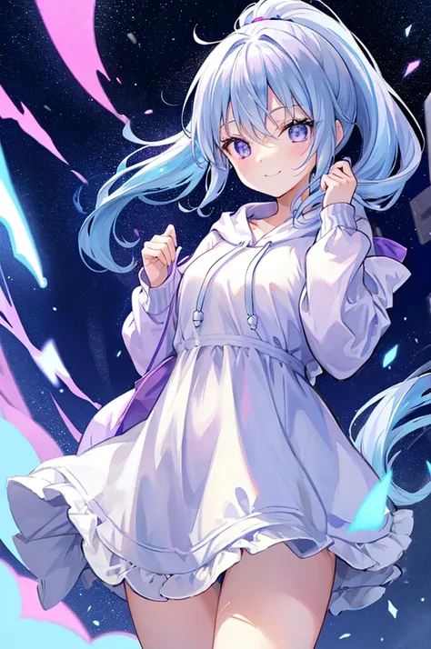 Light blue hair、Purple Eyes、High ponytail、cute、smile、Shaggy hoodie、White Skirt