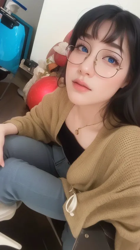 Beautiful big breastokeh), indoors, detailed luxury living room, gentle and charming beautiful goddess, Korean(kpop-idol), solo, necklace, oval face, double eyelids, smart, good hands, good feet, Natural, (from below angle), (glossy skin:1.05), ((low angle...