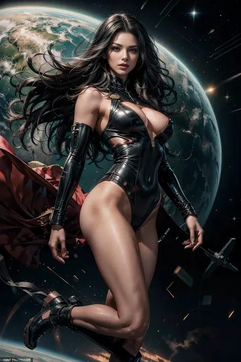 Full body shot sandy long black hair black eyes red lips muscular body big breasts slim thighs slim waist green and black leather pilot suit solo looking to the side floating weightless in space long curly breasted black hair falling over her shoulders 8k ...