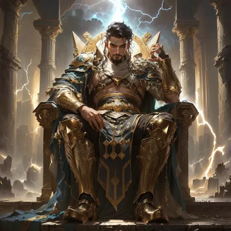 Alafud man sitting on the throne，Lightning in the background, peter mohrbacher Donated by Giancola, Tyler Edlin Fantasy Art, Wojtek Fuss, Ultra Detailed | Donated by Giancola, Complete art, adolf wolfli and Donated by Giancola, author：Donato Giancola, tuom...