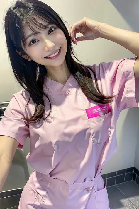 Dental hygienist woman smiling wearing pink medical scrubs　Pink, short sleeves, cute, Japanese, black hair, female, early 20s　high resolution　Highest quality 