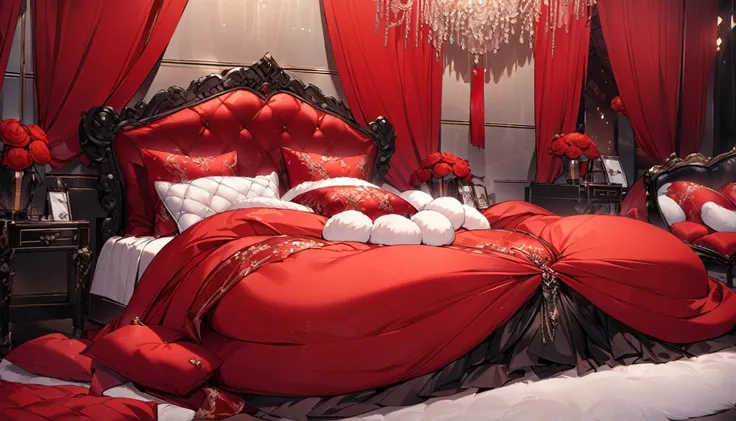 Fluffy red silk duvet、Lots of giant silk pillows、Luxurious fluffy red silk bed