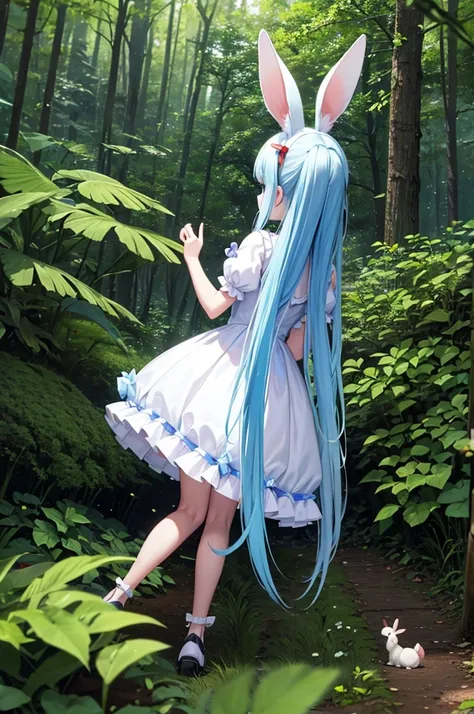 Alice in Wonderland　Light blue long hair　beautiful girl with twin tails　Long rabbit ears　Running through the deep forest　dynamic mode　A lot of beautiful flowers　Big rabbit　big squirrel　Mushrooms　There are a lot of animals in the forest　