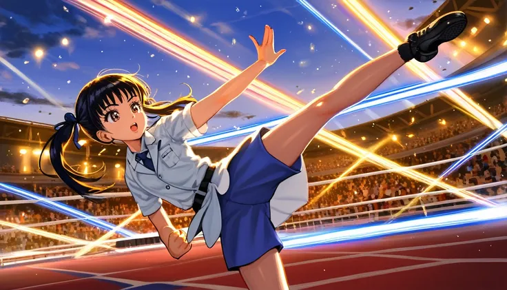 1girl, twintail girl, fighting, high kick, anime style, perfect face, long eyelashes, cinematic angle, cinematic lighting, cinem...