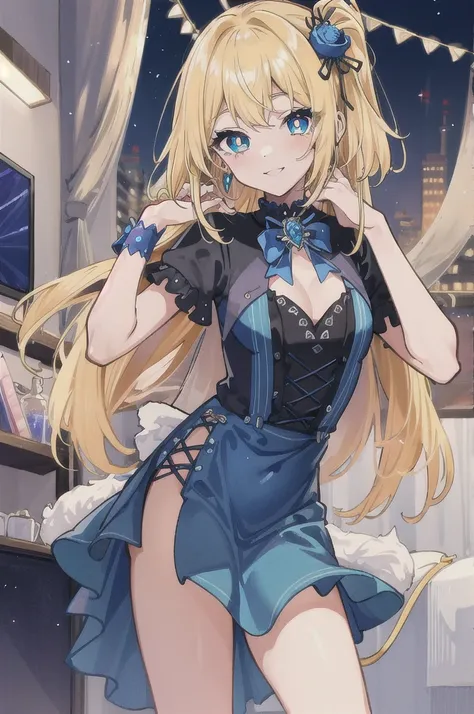 prompt: 8K resolution, Delicate features, , single, Unique pupils, smile, blonde, Princess Cut, Ribbon hair ornament, brooch, Shiny candy blue dress, Gold embroidery,Lolita Style, Gothic style, Facing the audience, Otaku Room, Female demon