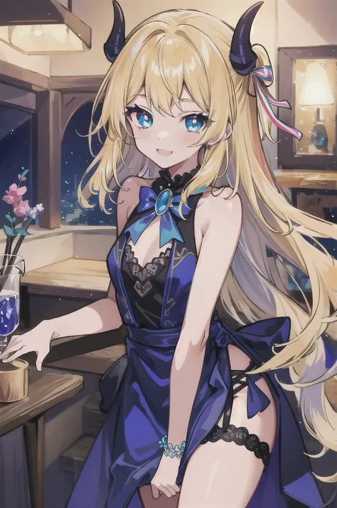 prompt: 8K resolution, Delicate features, , single, Unique pupils, smile, blonde, Princess Cut, Ribbon hair ornament, brooch, Shiny candy blue dress, Gold embroidery,Lolita Style, Gothic style, Facing the audience, Otaku Room, Female demon