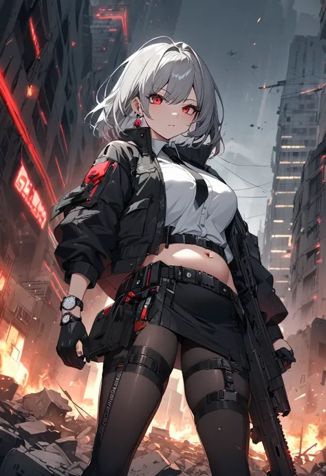 One girl, Close-up shot, (Gray Hair, Medium Hair, Large Breasts, Red eyes), Perfect Anatomy, city, Cyberpunk Style, ((White shirt, Black jacket, Black Skirt, belly button, belt, Black gloves, tie, watch, Earrings, Sheer black leggings)), ((Possession of a ...