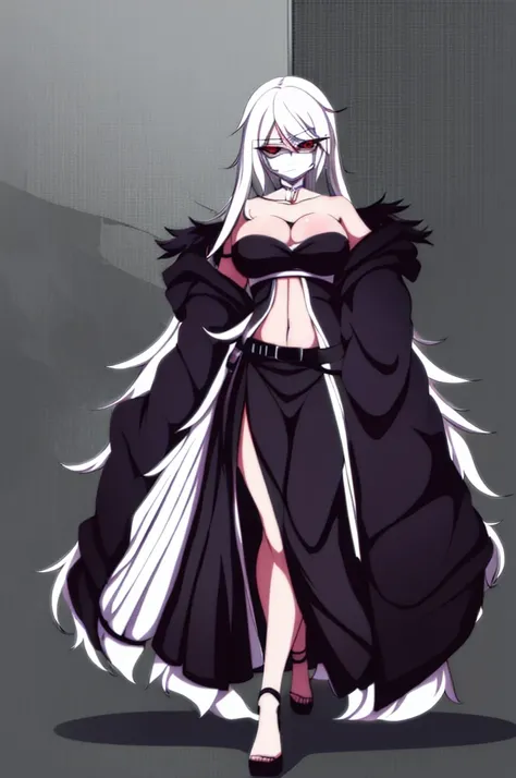 anime girl, bleach anime, soul reaper, sword, zanpakuto, vastolorde mask, fractured mask, hot, sexy, cute, black eyes, tall, full body, masterpiece, looking at the viewer, black fur on shoulders, coat, hollow shinigami, 