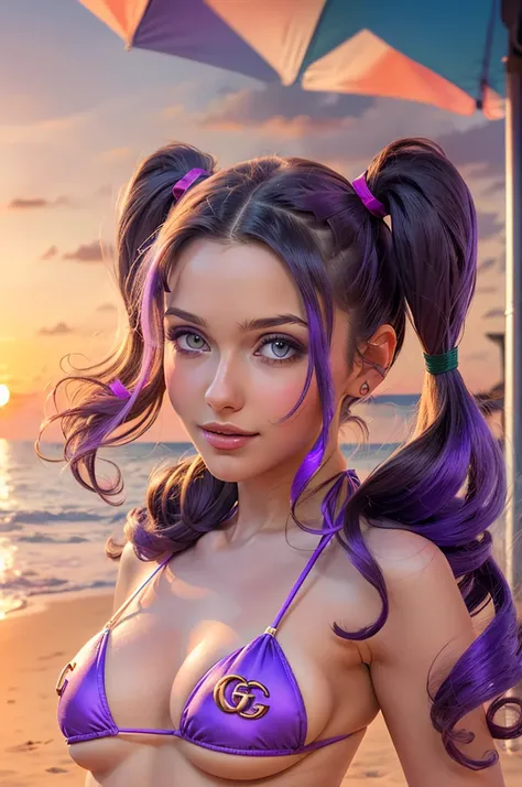 ((beste-Qualit)), ((tmasterpiece)), ((Realistic)), Ultra-detailed, young Phoeby Cates (((Twin tails liliac Hairstyle!!!))), (("Gucci" fashion bikini)), hot beach, sunset, Perfect colorful gradient, Illustration Style: Ernst Fuchs, 8к