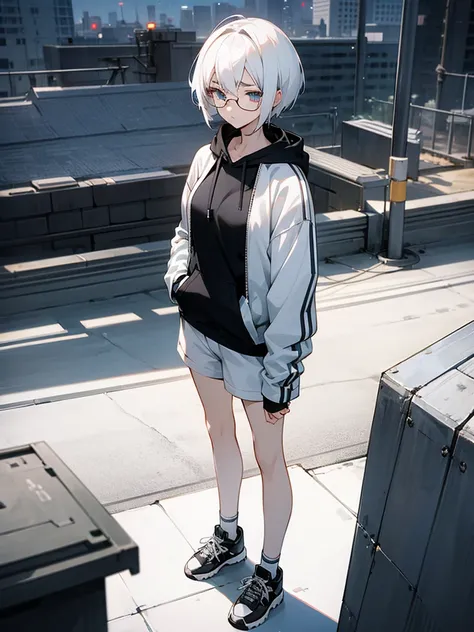 Anime Style、20-year-old women、White Hair、White eyebrows、Short Hair、Big Breasts、Thin gold round glasses、Eyes closed、A listless look、Pitch black hoodie、White shorts、Black and white sneakers、Standing here, looking at me、rooftop、high resolution