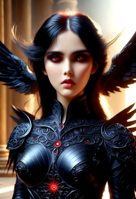 best quality masterpiece a woman angel warrior gothic incredibly beautiful long red eyes black hair black wings wearing black cl...