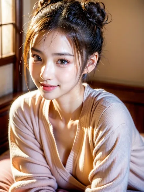 Highest quality，Face Focus，Soft Light，Ultra-high resolution，（Realism：1.4），original photo，1 Japanese girl，Alone，cute，There is a light in the eyes，Every detail is beautiful，High-resolution details of human skin texture，(double bun:1.5)，indoor，on the bed，Luxu...