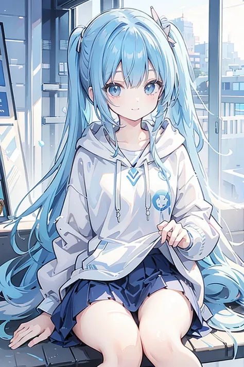 Light blue hair、High ponytail、cute、smile、Shaggy hoodie