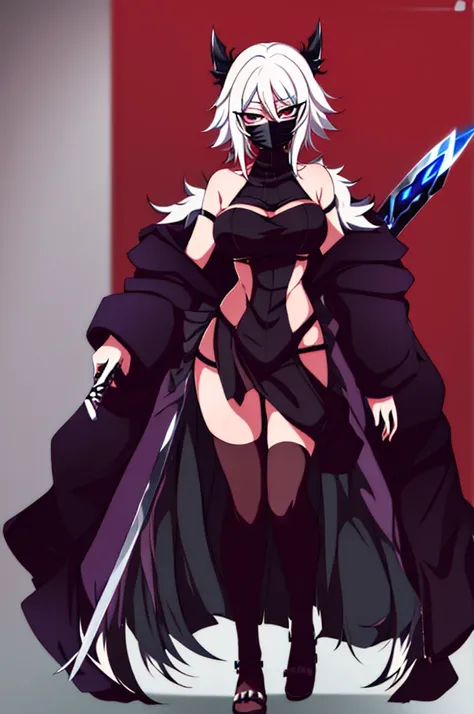 anime girl, bleach anime, soul reaper, sword, zanpakuto, vastolorde mask, fractured mask, hot, sexy, cute, black eyes, tall, full body, masterpiece, looking at the viewer, black fur on shoulders, coat, hollow shinigami, 