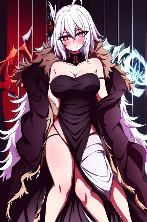 anime girl, bleach anime, soul reaper, sword, zanpakuto, vastolorde mask, fractured mask, hot, sexy, cute, black eyes, tall, full body, masterpiece, looking at the viewer, black fur on shoulders, coat, hollow shinigami, 