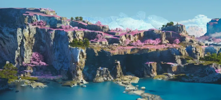 Blue sky and white clouds，Ultra-detailed scenes, 4K, Ultra HD, Huge layered rocks，Beautiful stone texture，The top of the rock is flat，There is a cave below，There is pink vegetation on it，and green grass and trees, The water is crystal clear, Photography li...