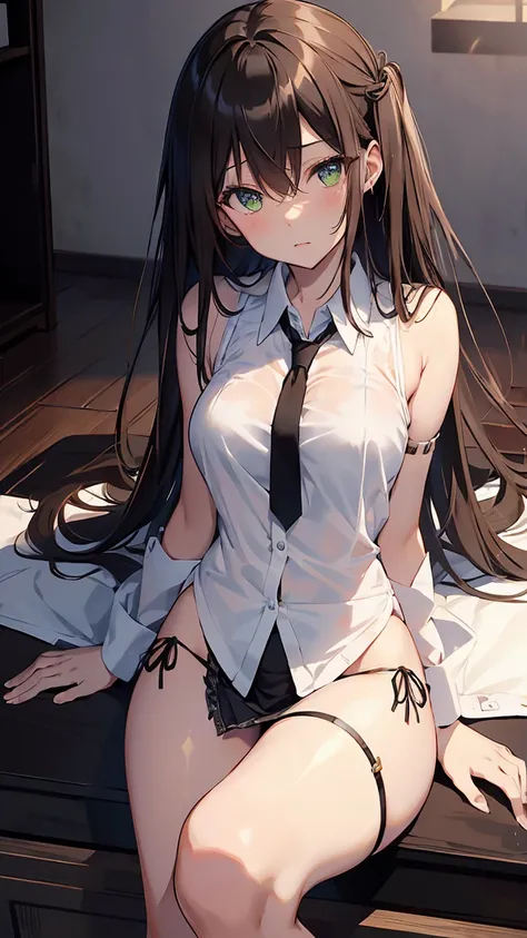 Shibuya rin, 1 girl, long hair, green  eyes, dark shiny skin, White shirt, black tie, high detail, Luxurious view, bare legs, USA, brown hair medium breasts, (((prostitute)))