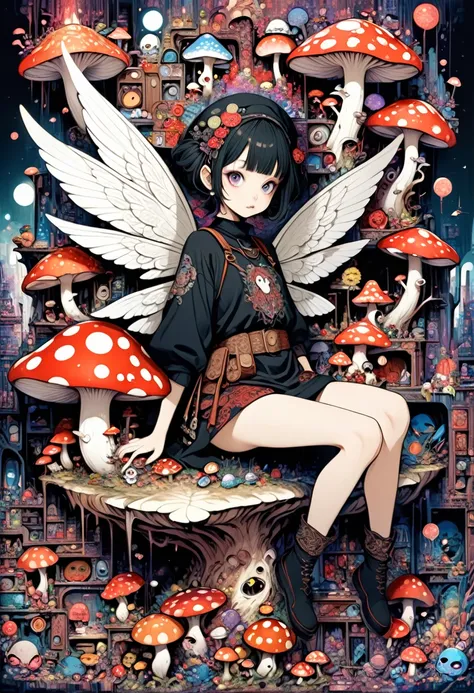 horror painting , in the style of  takato yamamoto, style of Ravi Zupa, super cute pixie,sitting on a mushroom [ hyperdetailed trippy mushroom], [hyperdetailed and hyperrealistic], fantasy real,[breath taking place], dressed in nomad clothing,clever and st...