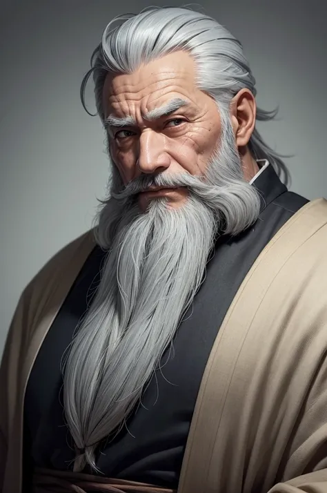 Create an old man character, with gray hair and a big beard, with a big scar on his left eye. He is wearing a black kimono 